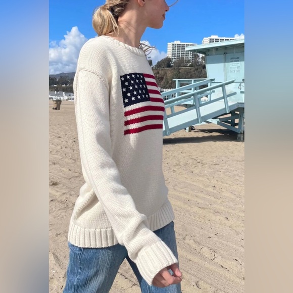 Brandy Melville brandy new NWT NICO AMERICAN FLAG SWEATER white cable knit polo - Picture 3 of 8